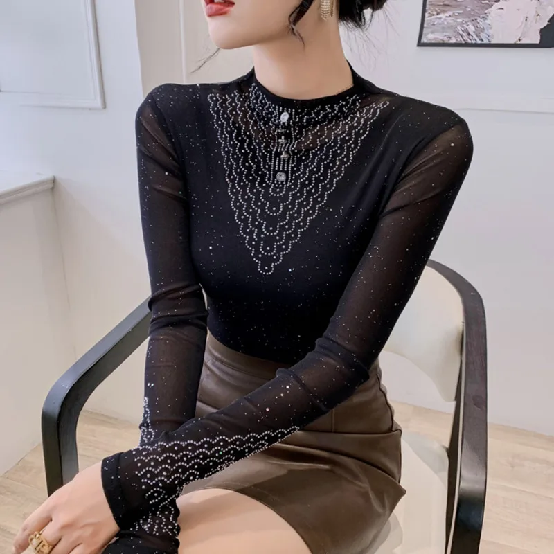 

#8174 Black Blue Purple Mesh T Shirt Women Diamonds Tight T-shirt Female Long Sleeve Korean Style Short Office Thin Elastic Tee