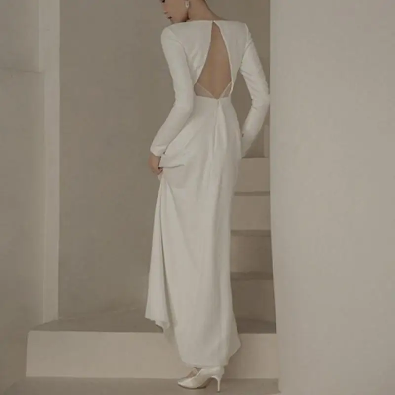 sachin and babi light blue dress White Satin Simple A-Line Long Wedding Dress with Slit