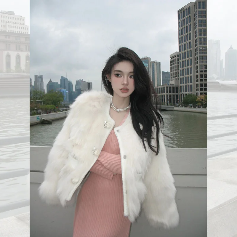 Korean Style Fashionable Round Neck Long Sleeve Women's Faux Fur Coat 2023 Autumn Winter Commuter Sweet White Short Fur Coat