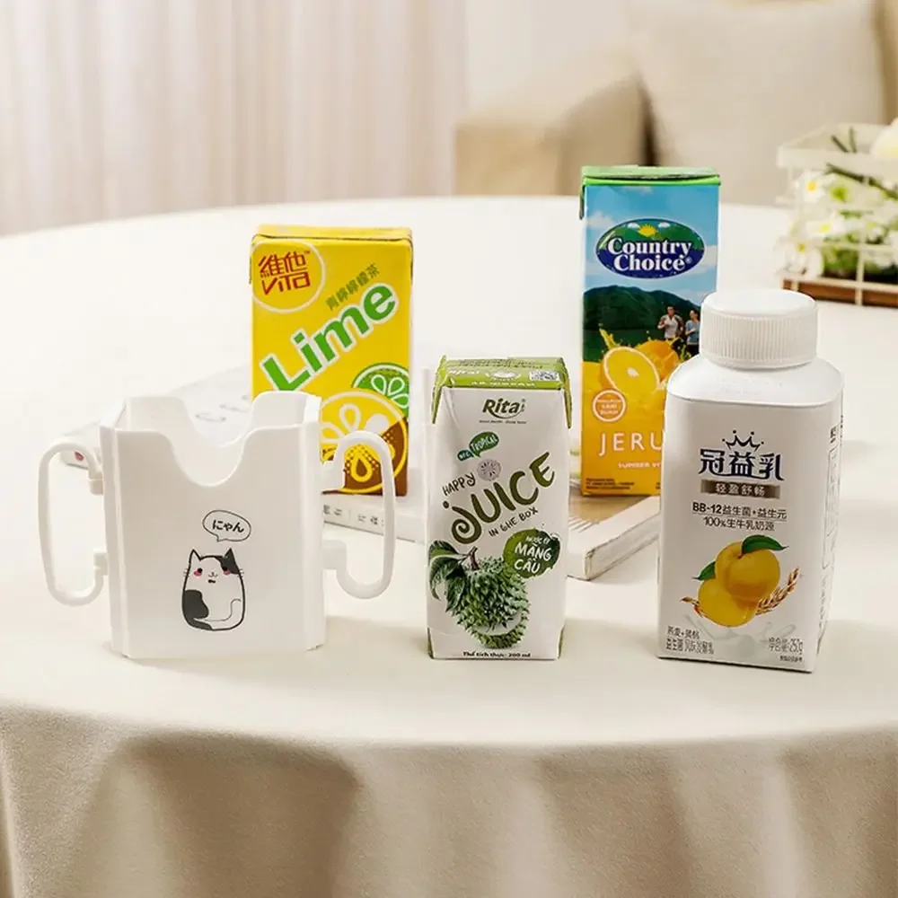 Milk Box Kids Juice Box Holder Cartoon Cat Self-Help Drinking Storage Food Storage Adjustable Handles Water Cup Tool Infant