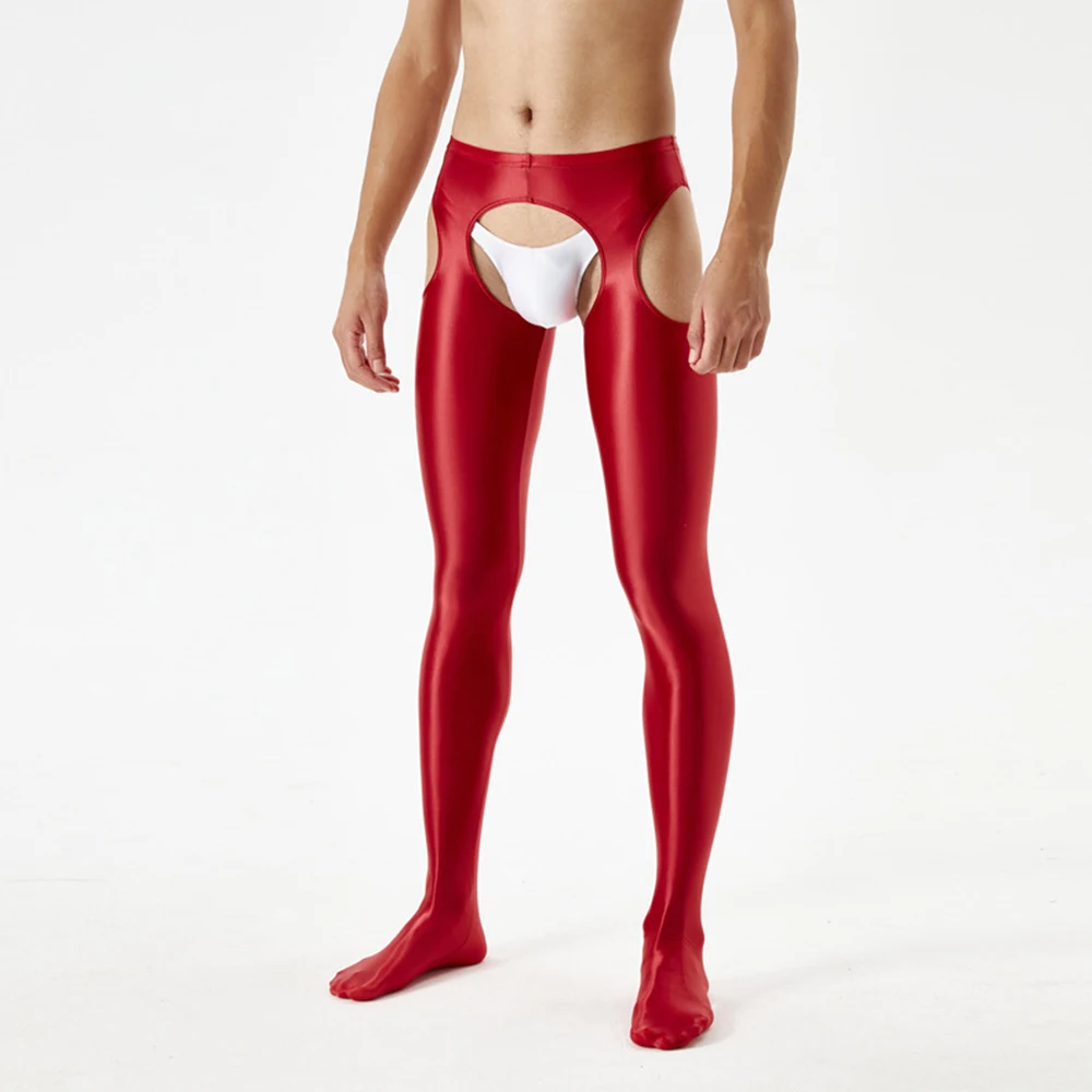 Men Women Oil Shiny Pantyhose Male Sexy Sheer Open Crotch Wet Hollow Tights Leggings Pants Thin Exotic Socks Night Club Wear