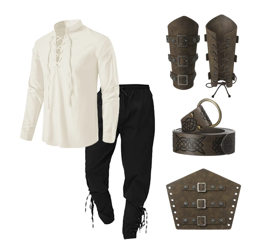4 Pcs Halloween Men's Renaissance Costume Set Medieval Pirate Shirt Ankle Banded Pants Viking Belt Accessories 2