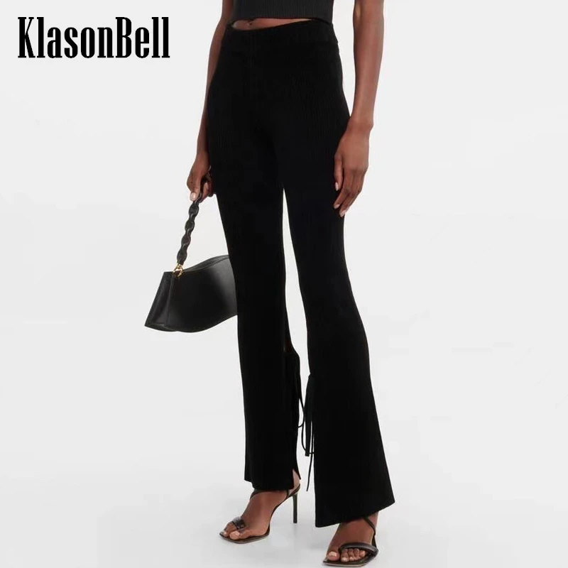 

11.23 KlasonBell Elastic High Waist Knit Stretchy Slim Side Lace-up Bandage Black Flare Pants Women