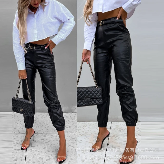 PU Leather High Waist Cuffed Pants Autumn 2023 Women Black Pencil Sheath  Long Pants Work Casual Pockets Trousers Y2k Capris - AliExpress