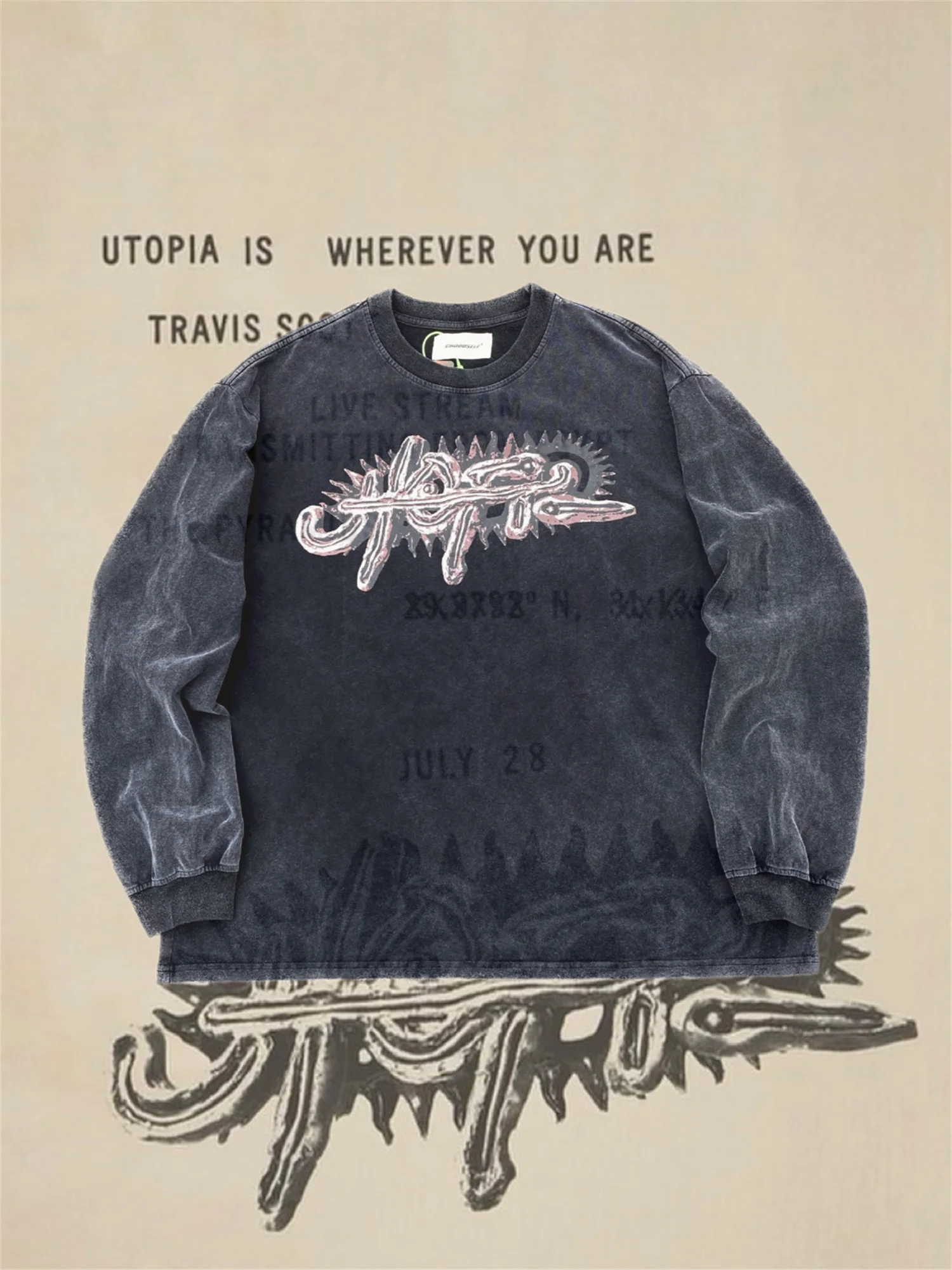 

CZTOP Vintage Fashion Travis UTOPIA Distressed Retro Printing High-Street Casual Loose Streetwear Pullover Sweater For Men