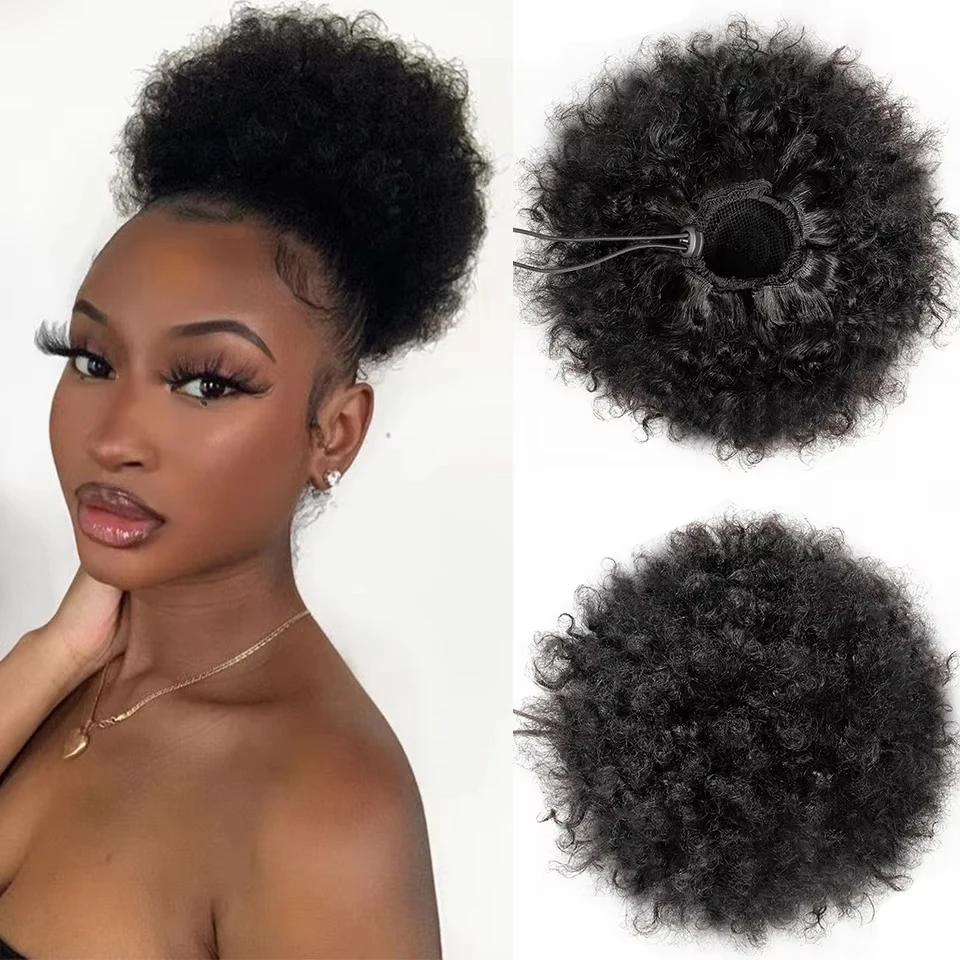 Short Afro Kinky Curly Drawstring Ponytail 6inches Human Hair Afro Puff Hair Bun Clip In Extensions Short Chignon Hairpiece