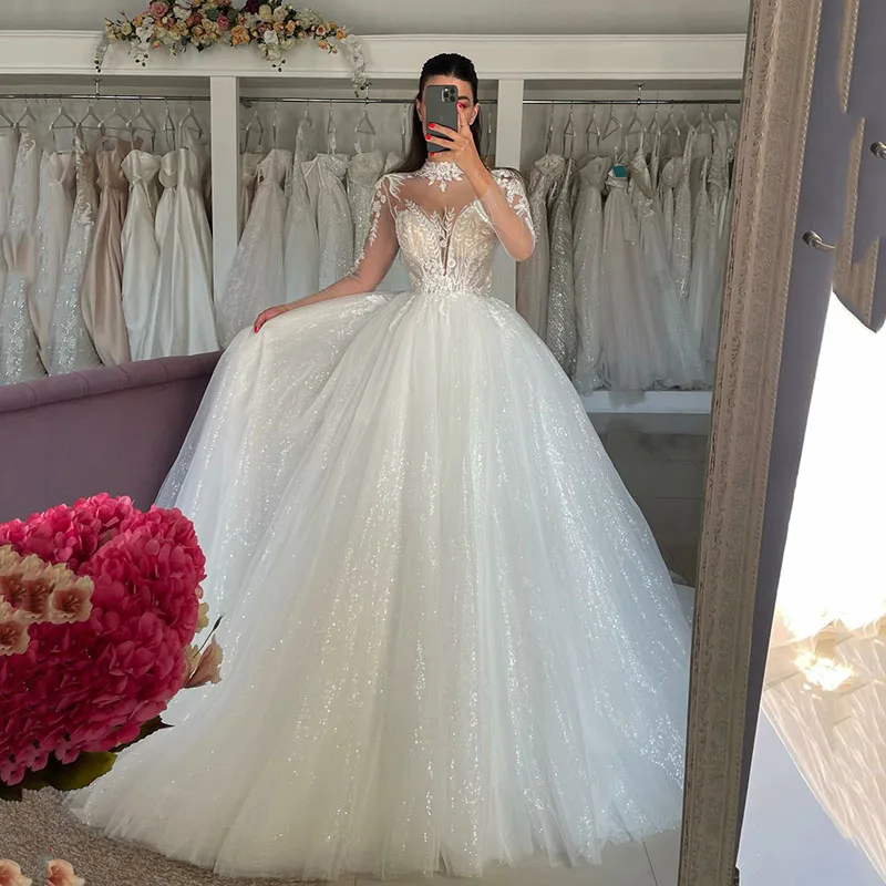 

Long Sleeve Lace Wedding Dresses Illusion High Neck Backless Bride Dress Appliqued Lace Bride Dress Princess Wedding Gowns 2023