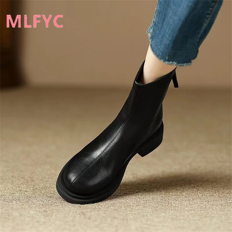 Retro Back Zipper Brown Thick Heel Short Boots Women's Spring and Autumn Single Boots Winter New Elastic Boots