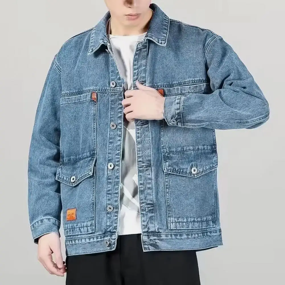 Stylish Men Autumn Jacket Cardigan Autumn Jacket Single-breasted Mid Length Spring Denim Coat  Warm