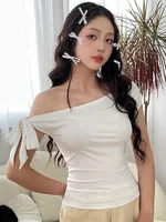2024 Women'S Summer Ins Style New Shrink Pleated One-Shoulder Crop Top Backless Twist Tie Asymmetric T-Shirt Casual Top 3