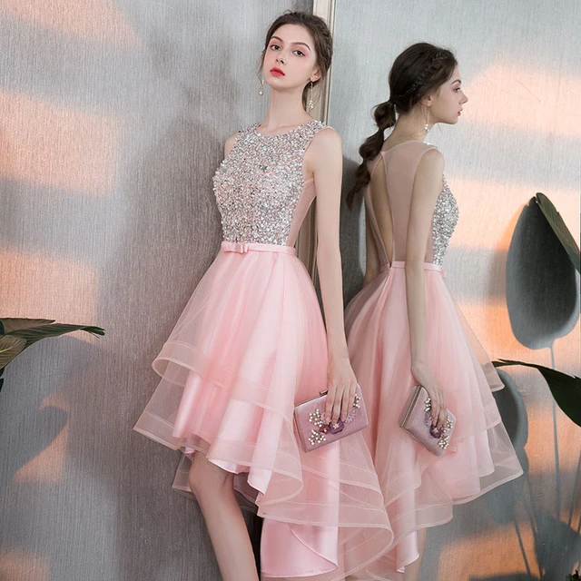 Elegante vestido sem costas para senhoras, vestido de banquete curto e  longo, dama de honra, rosa, moda - AliExpress