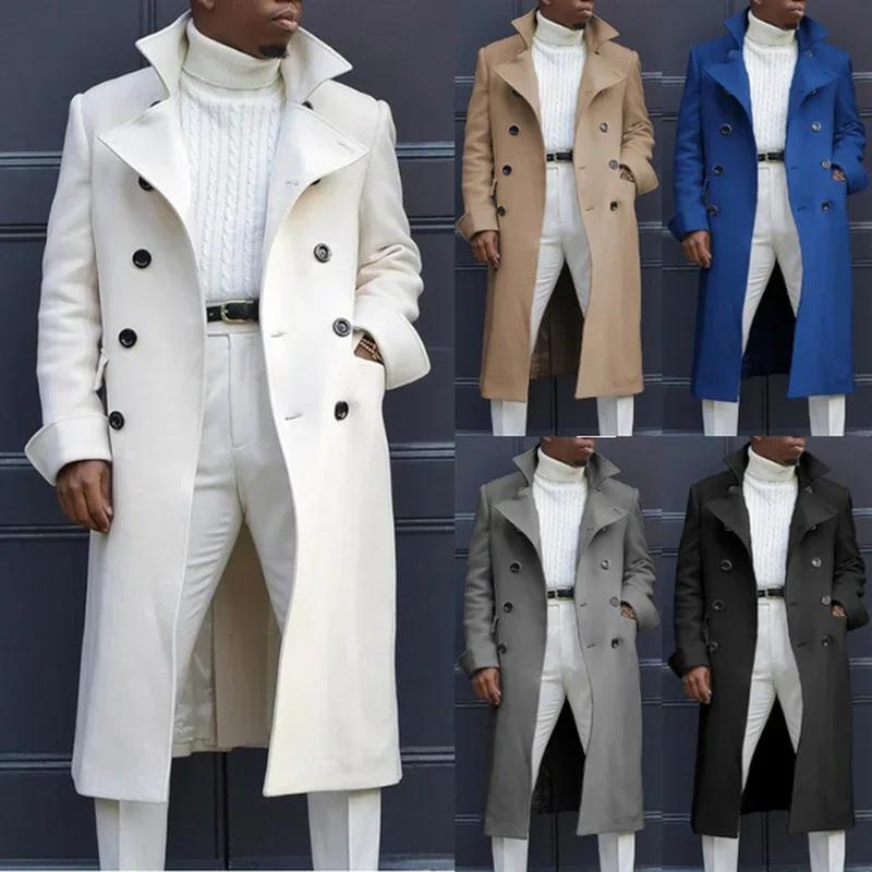 

Fashion White Long Jackets Trench Wool Blends Men's Overcoat Long Trench Coat Double Breasted Coats Streetwear Party Loose Jacke