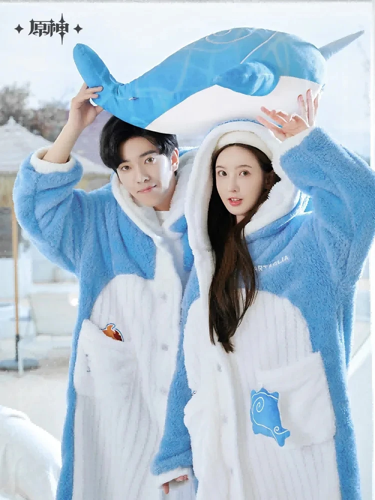 

Anime Genshin Impact Tartaglia Thick Warm Flannel Bathrobe Bath Robe Soft Sleepwear Cosplay Costume Whale Nightdress