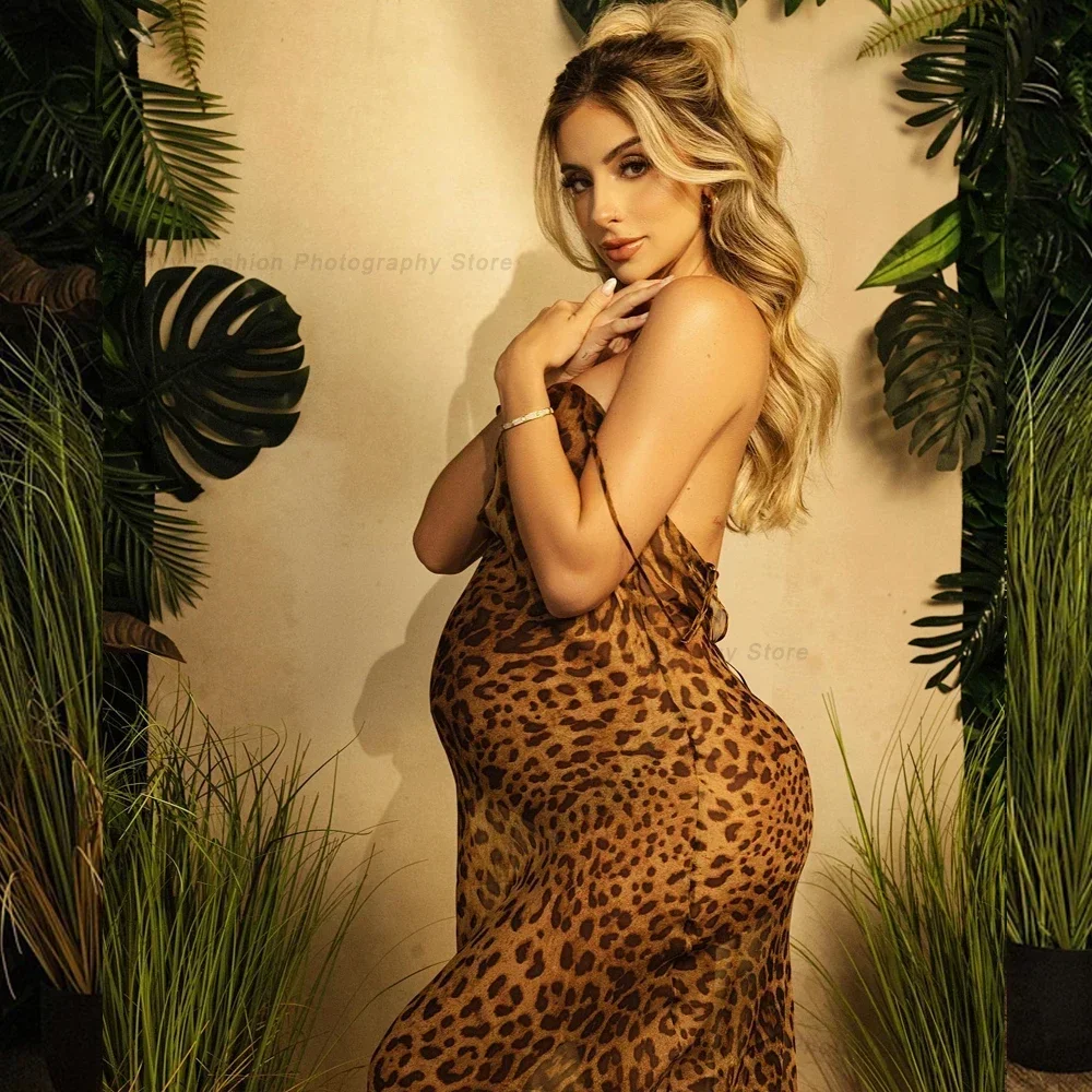 

Maternity Photography Dress Chiffon Leopard Print V-neck Sexy Lace Up Backless Photo Shoot Photography Dress For Women