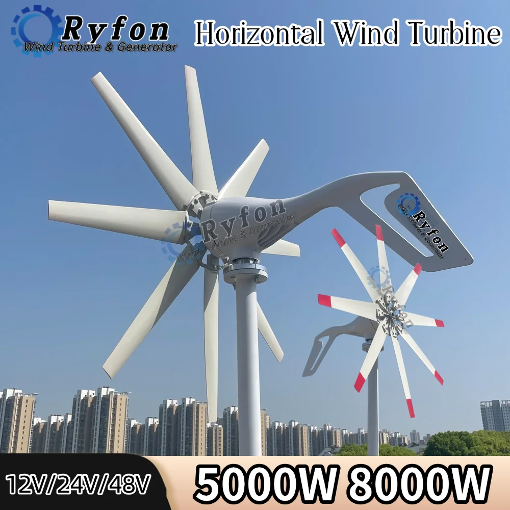 กังหันลมพลังงานฟรี 5KW 8KW 12V 24V 48V แบบแกนนอน พร้อมเครื่องกำเนิดไฟฟ้าแม่เหล็กถาวร 3 เฟส AC ระบบออฟกริด สำหรับบ้านและเรือ 1