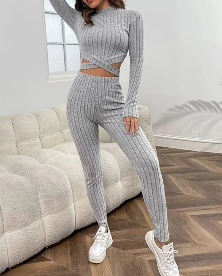 Women 2 Piece Set 2024 Spring Summer Mock Neck Long Sleeve Criss Cross Crop Daily Solid Color Top & Pants Set Casual Style mens zaful men s casual daily mock neck raglan sleeve solid color quarter zip pullover popover quilted padded jacket l green