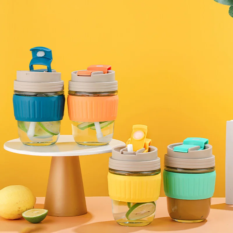 350Ml Double Drinking Glass Tumbler Cup With Straw Portable Female Coffee Mug Lovely Fruit Juice Soymilk Milk Travel