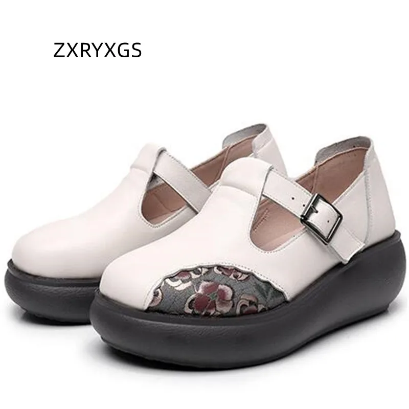 

2024 Top Cowhide Printing Splicing Mixed Color Women Leather Shoes Fashion Elegant Platform Shoes Wedges High Heels Plus Size