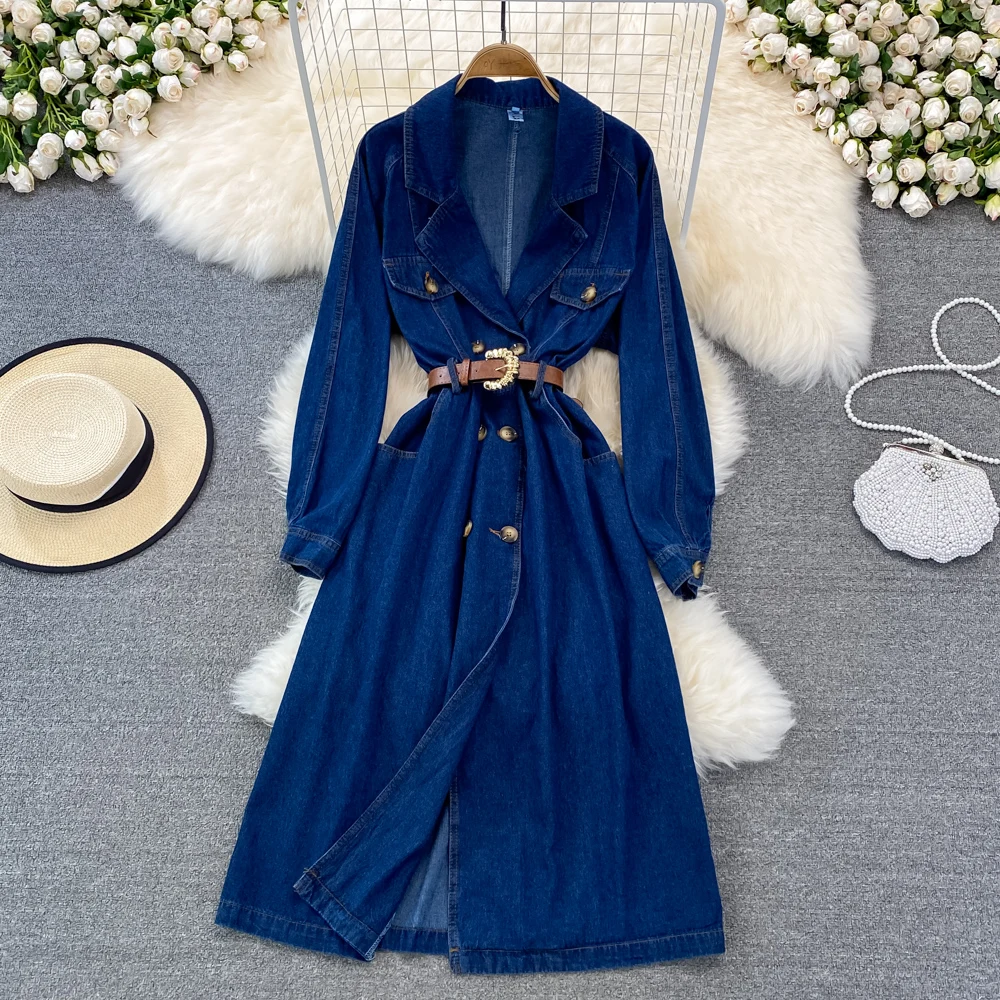 

Spring Retro Korean Feminine High Waist Thin Suit Collar Denim Dress Elegant Temperament Big Swing Long Dress