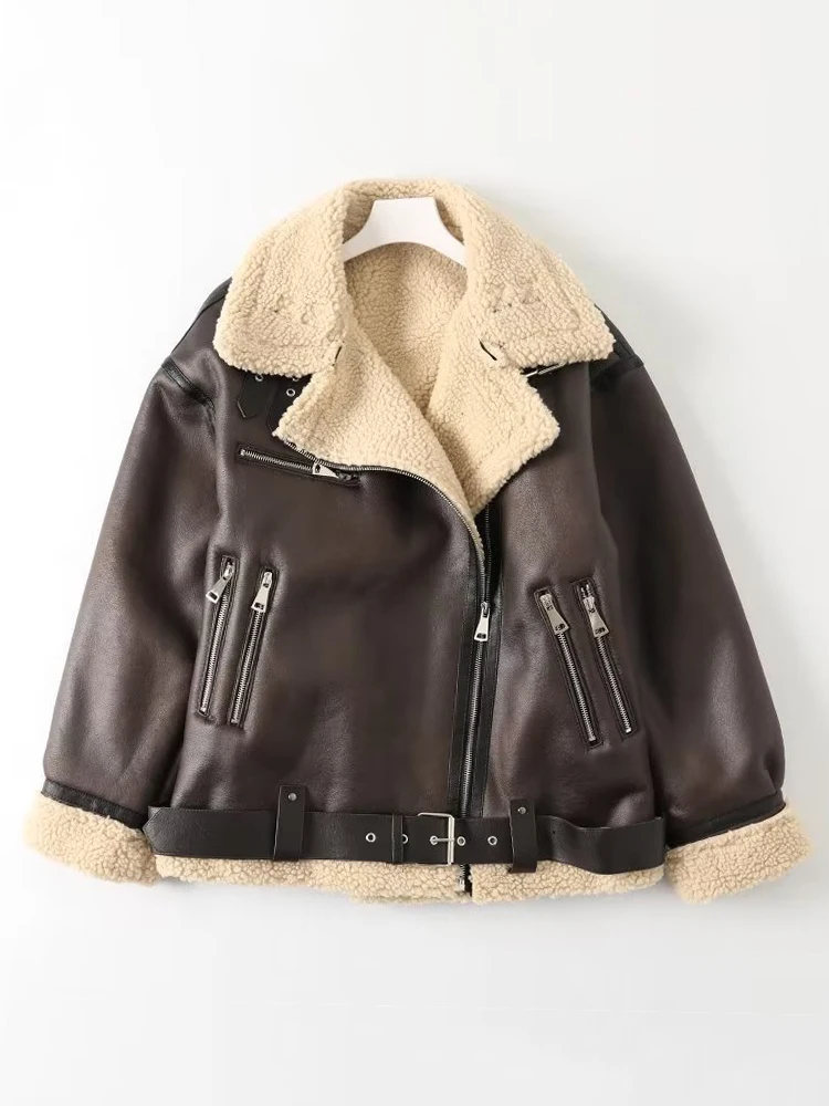 

Fitaylor Women Vintage Loose Thick Warm Faux Lamb Fur Leather Jacket with Belt Streetwear Female Moto Biker Zipper Coat Outwear