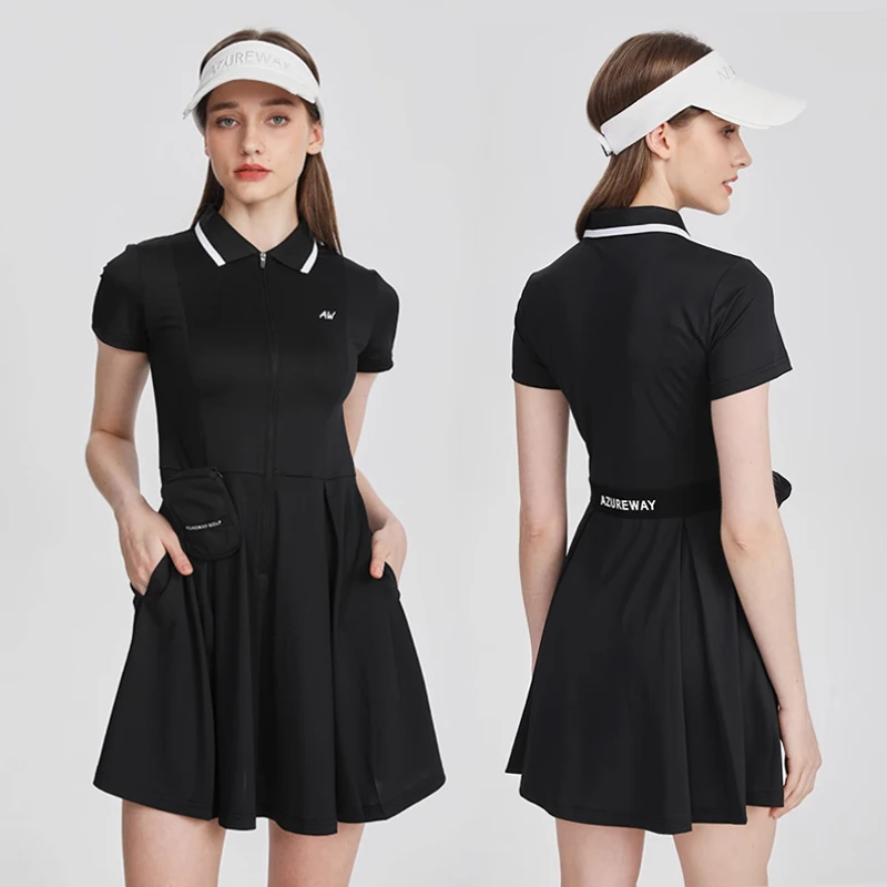 AW new sports dress golf woman short sleeve polo shirt dresses spring summer slim waist zipper skirt golf wear ladies