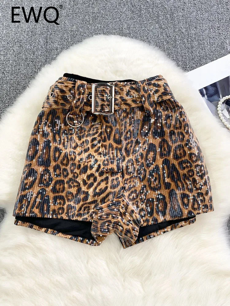 

EWQ New Items Women's Leopard Sequins Shorts 2024 Autumn Fashion High Waist Belt Zipper Wide Leg Short Pants Female 11XX6964