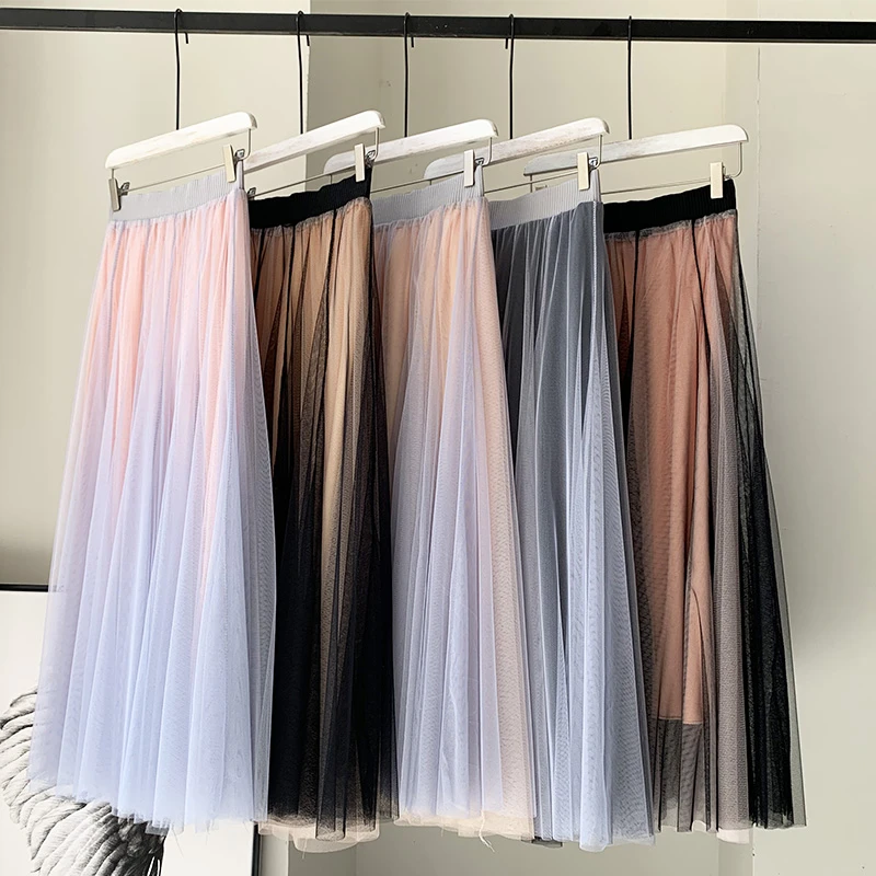 brown skirt Preppy Style High Waist Long Mesh Skirt Korean Casual Hit Color Patchwork Female Skirts 2020 Summer New Chic Faldas Mujer black pencil skirt