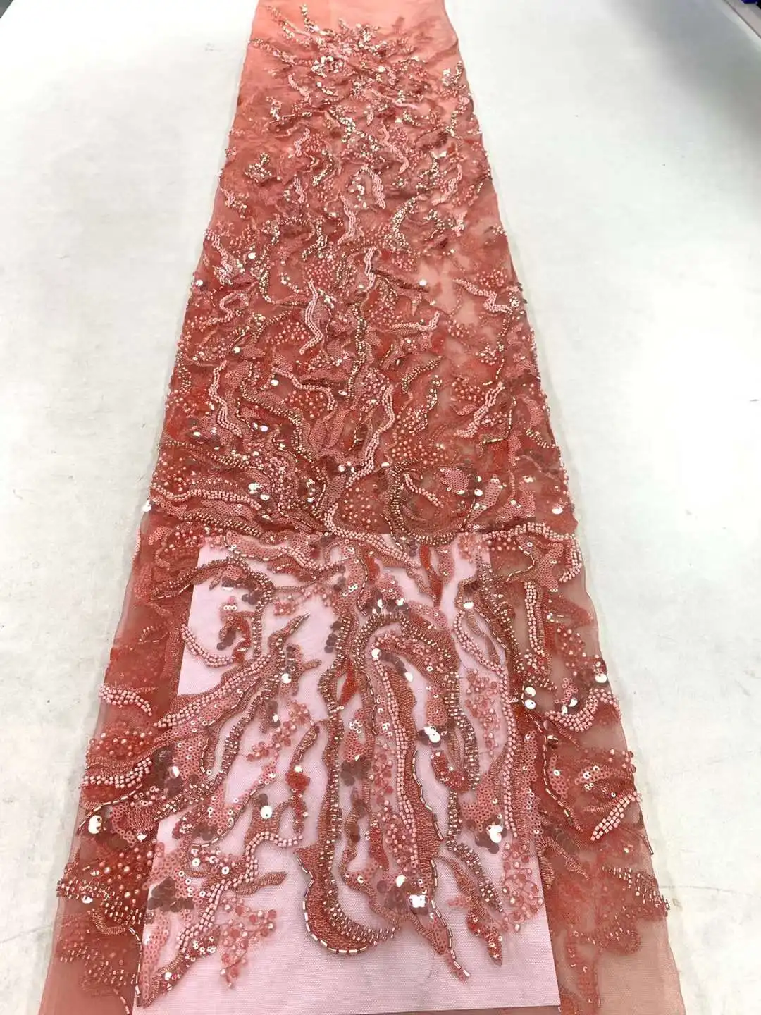 

2023 High Quality African Heavy tube Beaded Sequin Lace Fabric Embroidered French Tulle Lace Nigerian Wedding Dress 5yards ZX