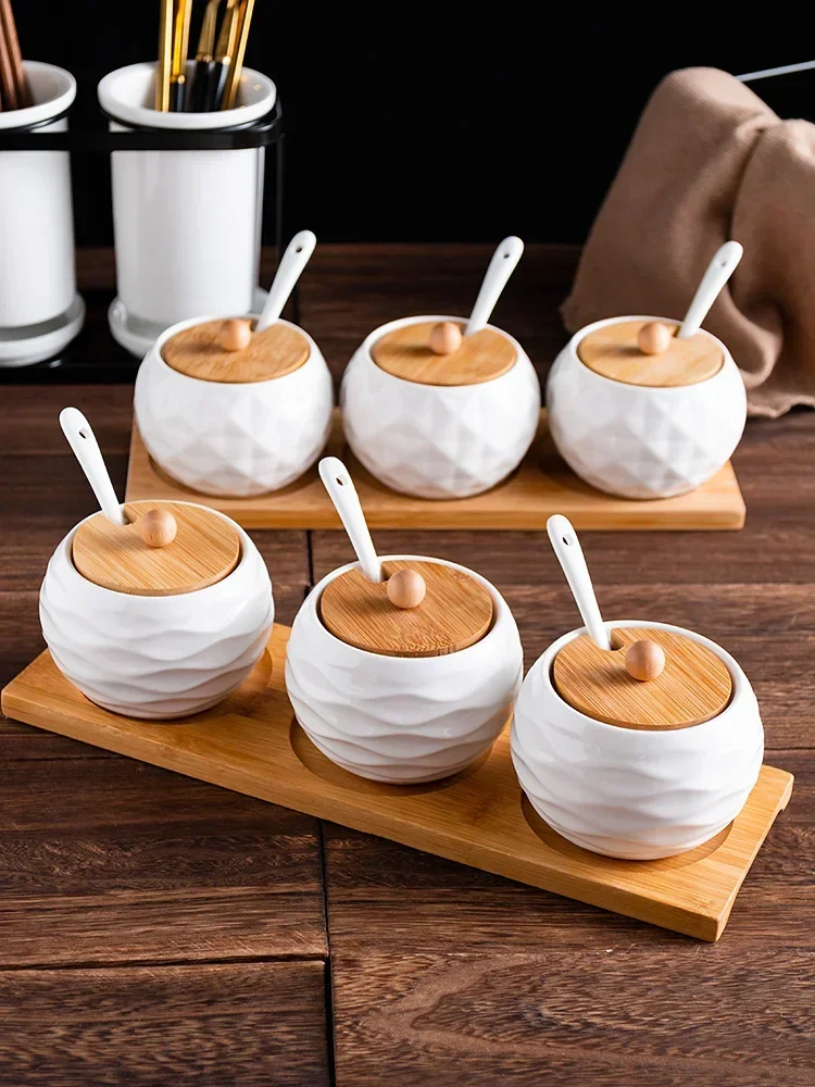 Ceramic Seasoning Pot spice container ceramic condiment pot Seasoning Box Wooden Tray Bottle Sugar Bowl Household Salt Pan with Spoon Kitchen Supplies