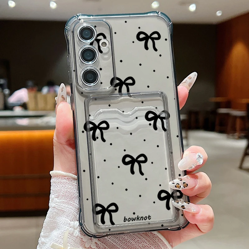 Elegant Black Bow Clear Card Wallet Phone Case with Enhanced Protection