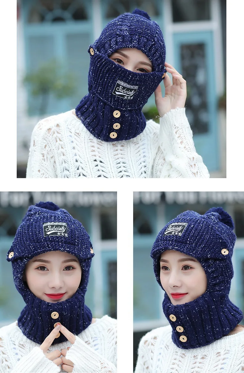 2022 Nuovo Inverno Berretti Lavorati A Maglia Delle Donne di Spessore Caldo Skullies Cappello Passamontagna Femminile Cofano Equitazione All'aperto Set di Colori Solidi_voghion.com