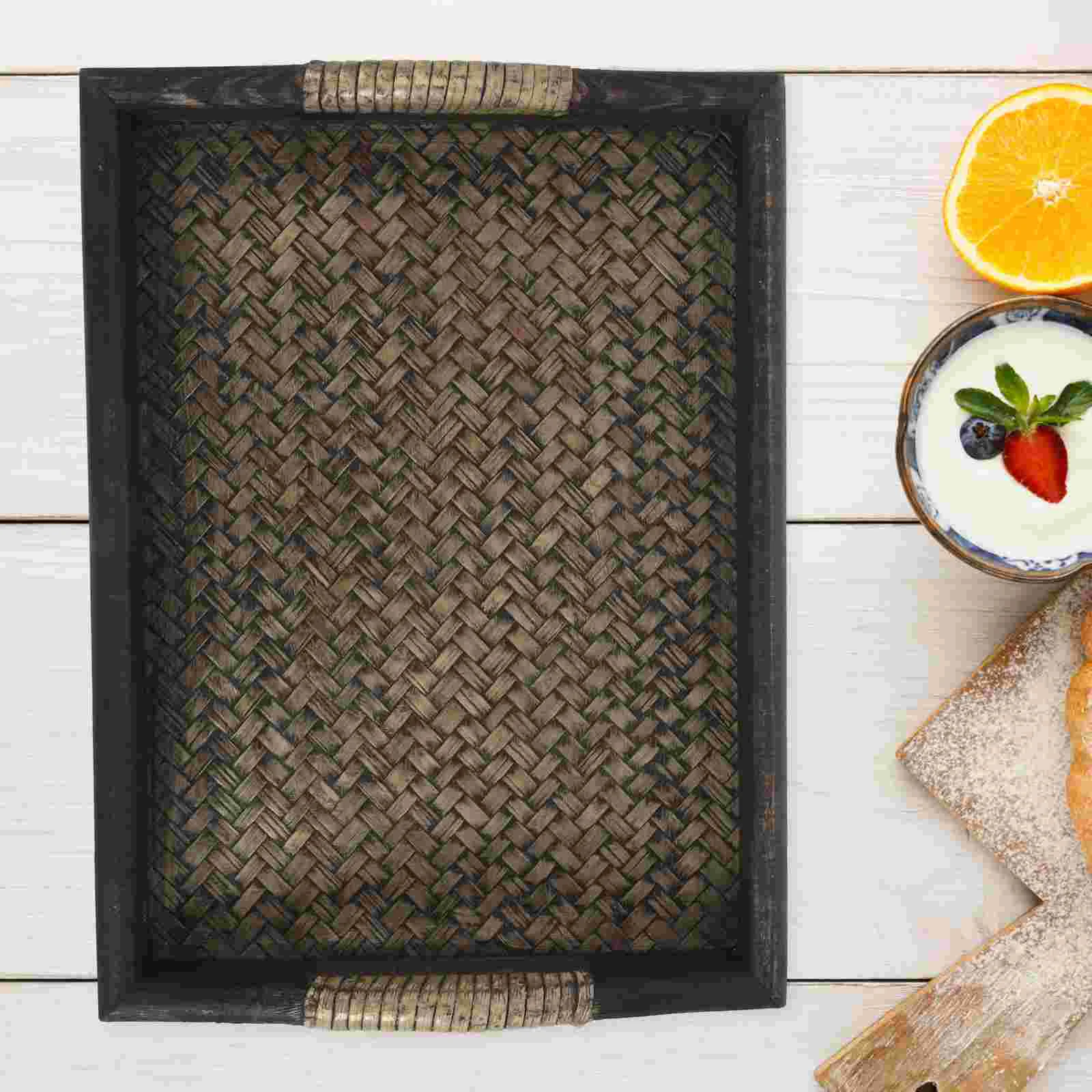 Wooden Woven Tray Rectangular Serving Plate Wood Tray Fruit Snack Tea Cup Holder Household Platter Nuts Dessert Kitchen Dining