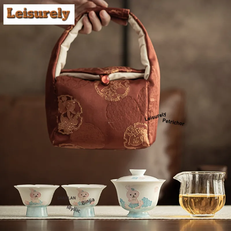 Jade Clay Cute Rabbit Travel Tea Set Kit Ancient 1 Pot 2 Cups Tea Making Organizer Portable Camping Stock Bags Accessories Gift