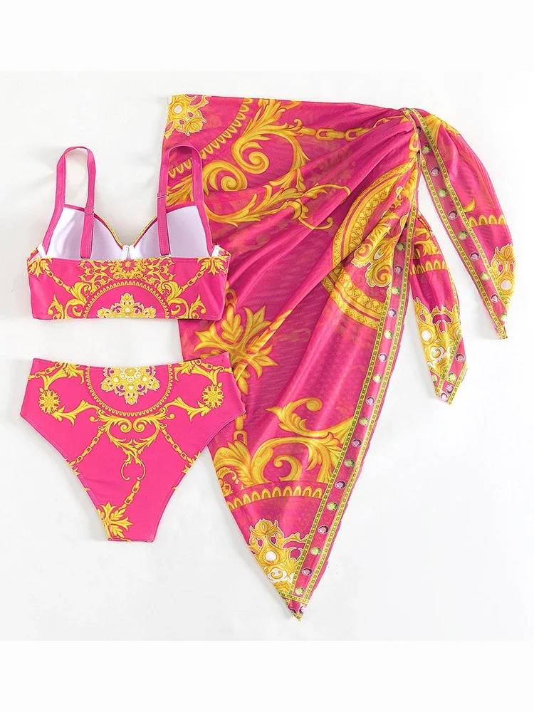 New  Print 3 Piece High Waist Skirt Bikini Set Swimwear Women 2024 Strapped Push UP Swimsuit Summer Bathing Suit