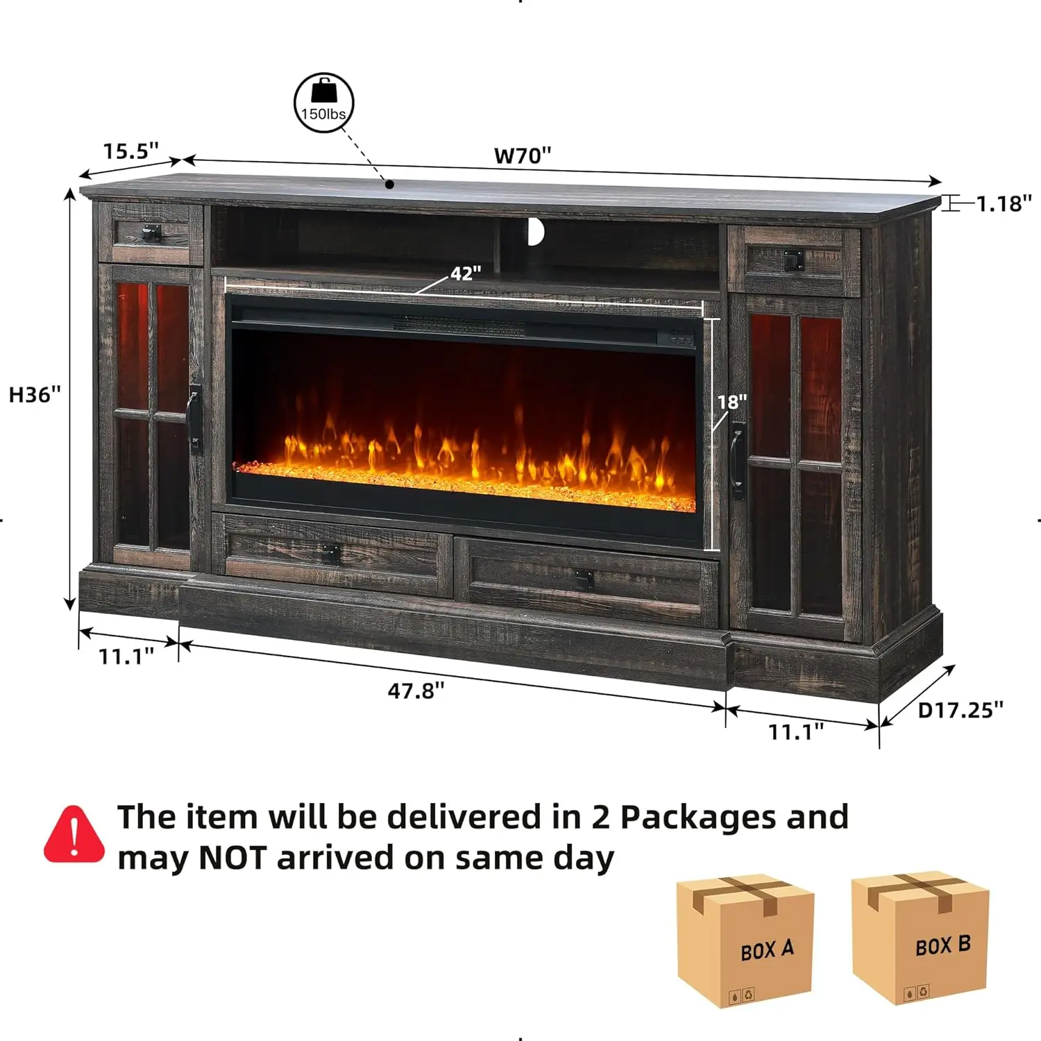 Fireplace TV Stand for 80 Inch TV, Farmhouse Entertainment Center with 42" Fireplace & LED Lights, Modern Media Console Table 2