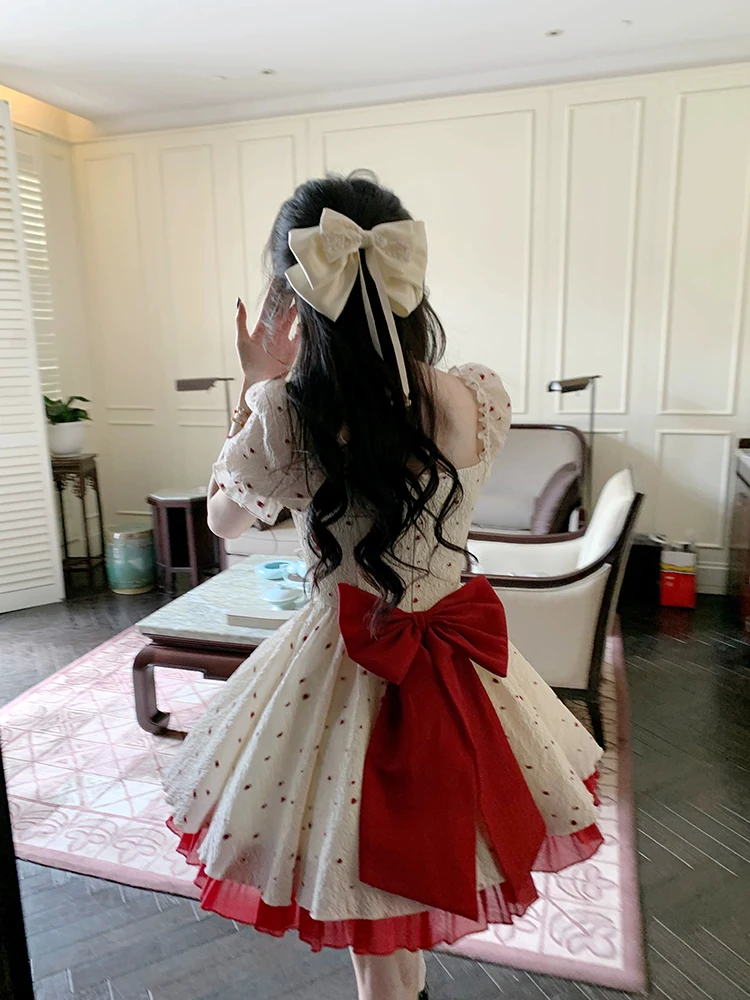

Summer New Sweet Mini Dresse French Square Collar Princess Bow Short Sleeve Dress Women Elegant Party Vintage Dresses Vestidos