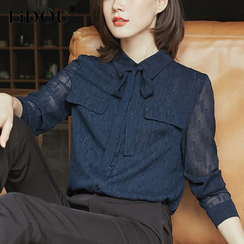 

Spring Autumn Polo-neck Elegant Fashion Bow Buttons Chiffon Shirt Ladies Long Sleeve All-match Blouse Femme Cardigan Top Women