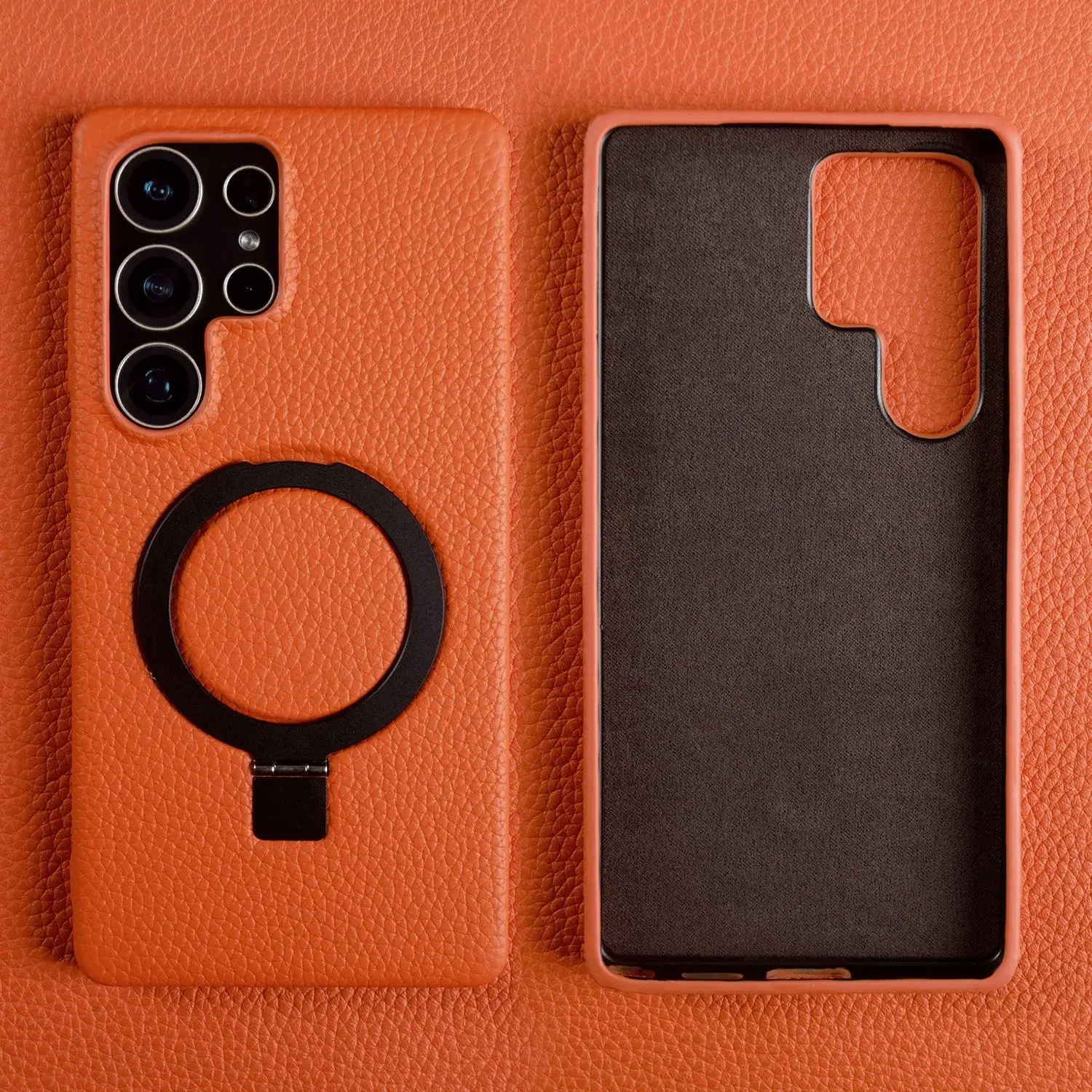 Genuine Leather Magnetic Ring Stand Phone Case with Back Cover