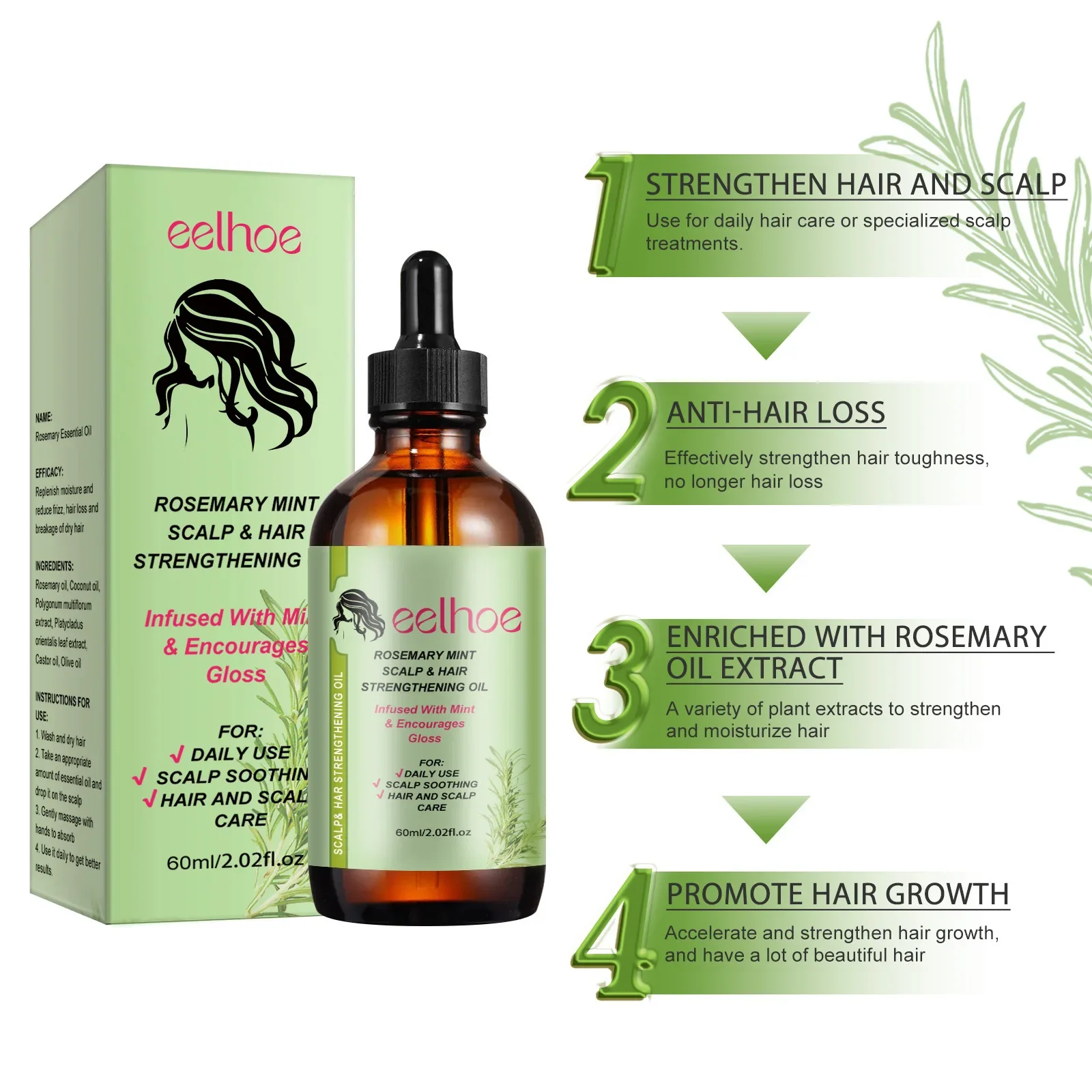 60ml Eelhoe Rosemary Hair Care Essential Oil Repair Hairs Damage Anti-Loss Solid Hairs Dense Hair Soft Hair Treatment Product