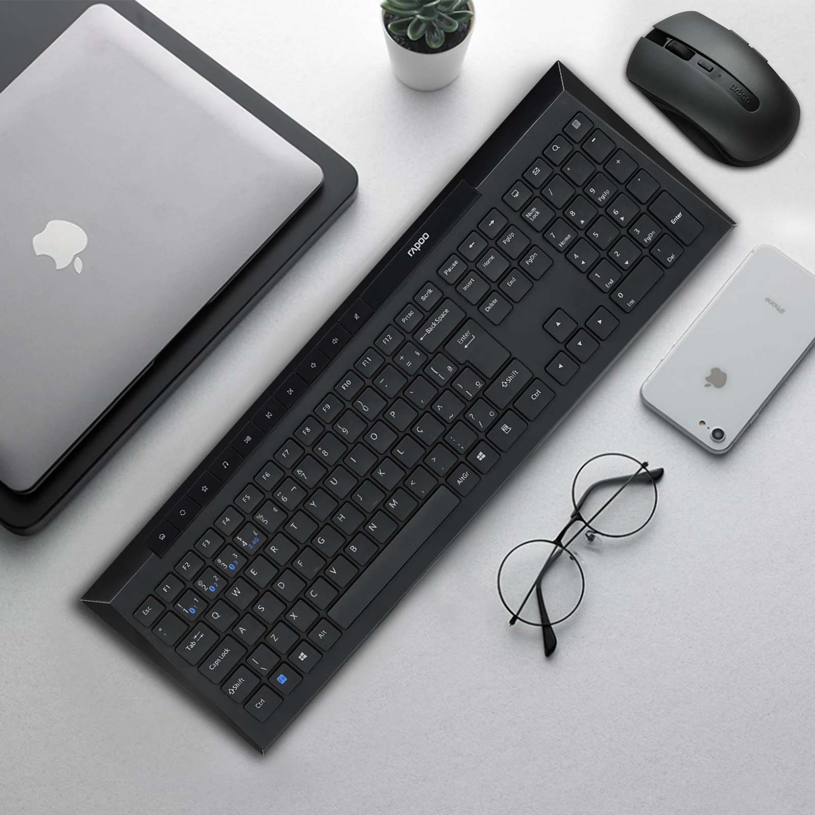 rapoo bluetooth teclado sem fio mouse kit português brasil cor preta com chaves multimídia