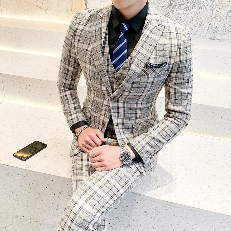 Mens Casual Business Suit Plaid 3pces Set Jacket Vest Pants Groom Wedding Dress Blazer