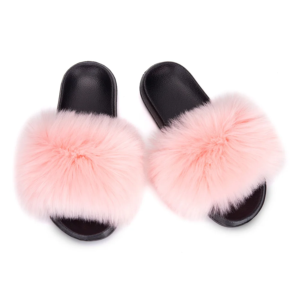 Pink Real Fox Fur Slides Women's Slippers Sliders Summer Beach Sandels Shoes