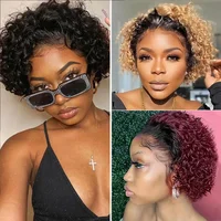 Perruque de Cheveux Humains Courts Bouclés, Coupe Pixie, 1b 99J, Balayage Bordeaux, Couleur Miel Ombré, 13x1, Pre-Plucked 2
