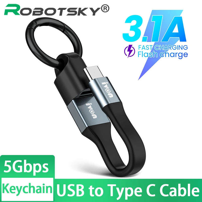 2 in 1 USB to Type C Cable Portable Short Mini Keychain 3A Fast