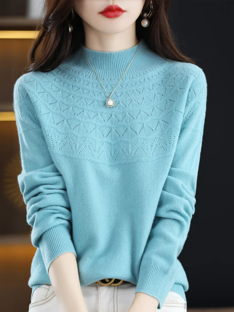 

Autumn Winter Women Pullovers Sweater 100% Merino Wool Hollow Mock-neck Cashmere Knitwear Female Clothes Basic Korean Style Tops