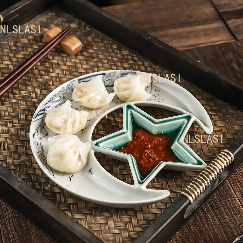 Ceramic Dumpling Dish Vinegar Dish, Star Shaped Japanese Tableware Creative Breakfast Dish Underglaze Color Craftsmanship