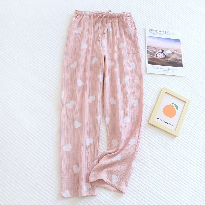 Women Pajama Pants 100% Cotton Crepe Breathable Comfortable Trousers  Elastic Waist Full Length Loose Soft Lovely Sleep Bottoms