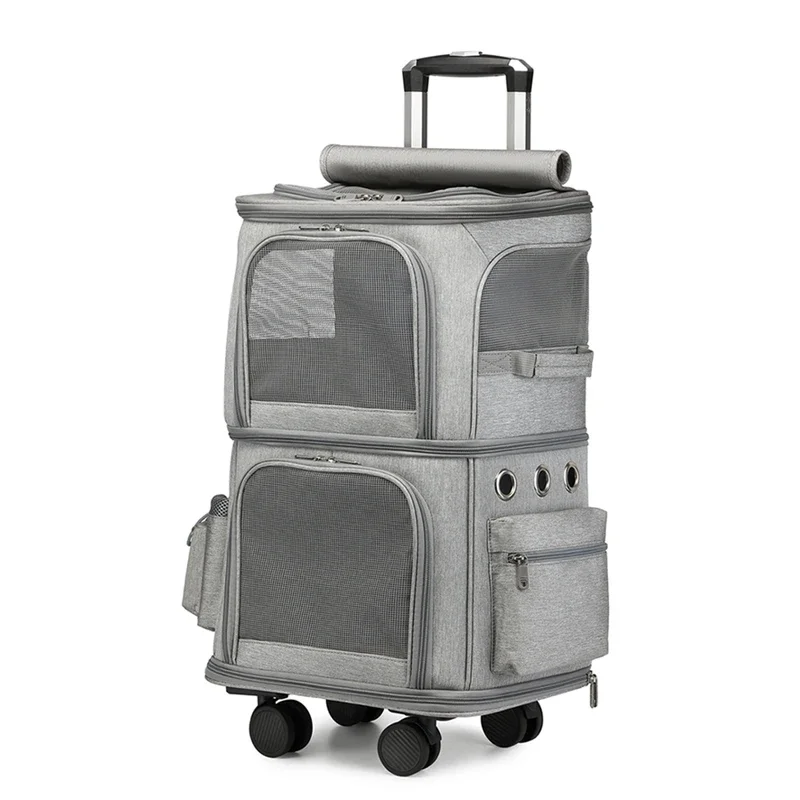 Dual-Layer Cat Carrier Large-Capacity Pet Rolling Bag Breathable Double-Shoulder Backpack with Built-In Leash and Pocket