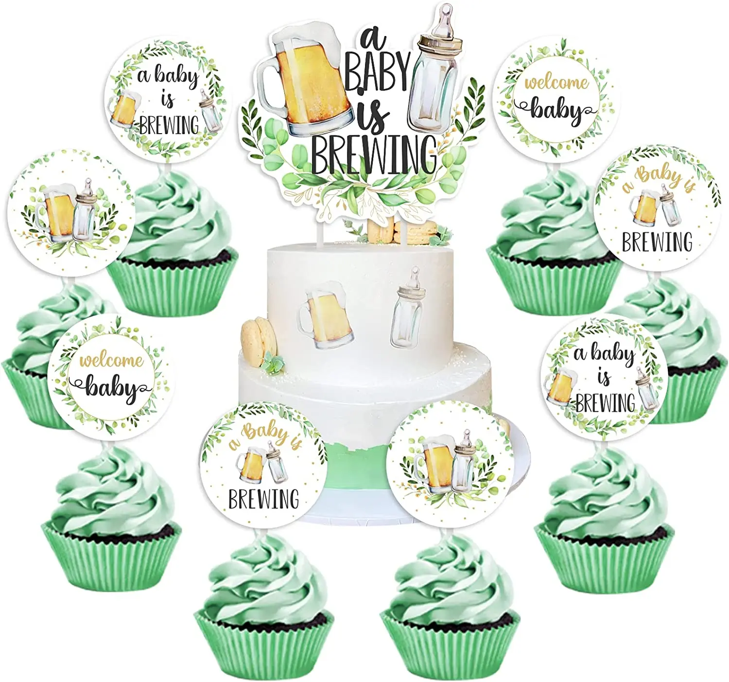 

A Baby is Brewing Cake Decorations Greenery Bottle Beer Baby Shower Cake Cupcake Toppers for Gender Reveal Newborn Birthday Par