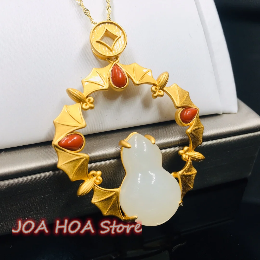 

New Arrivals Ancient Method Gold 925 Silver Inlaid Hetian White Jade Gourd Pendant China Ancient Handwork Necklace Chain Jewelry